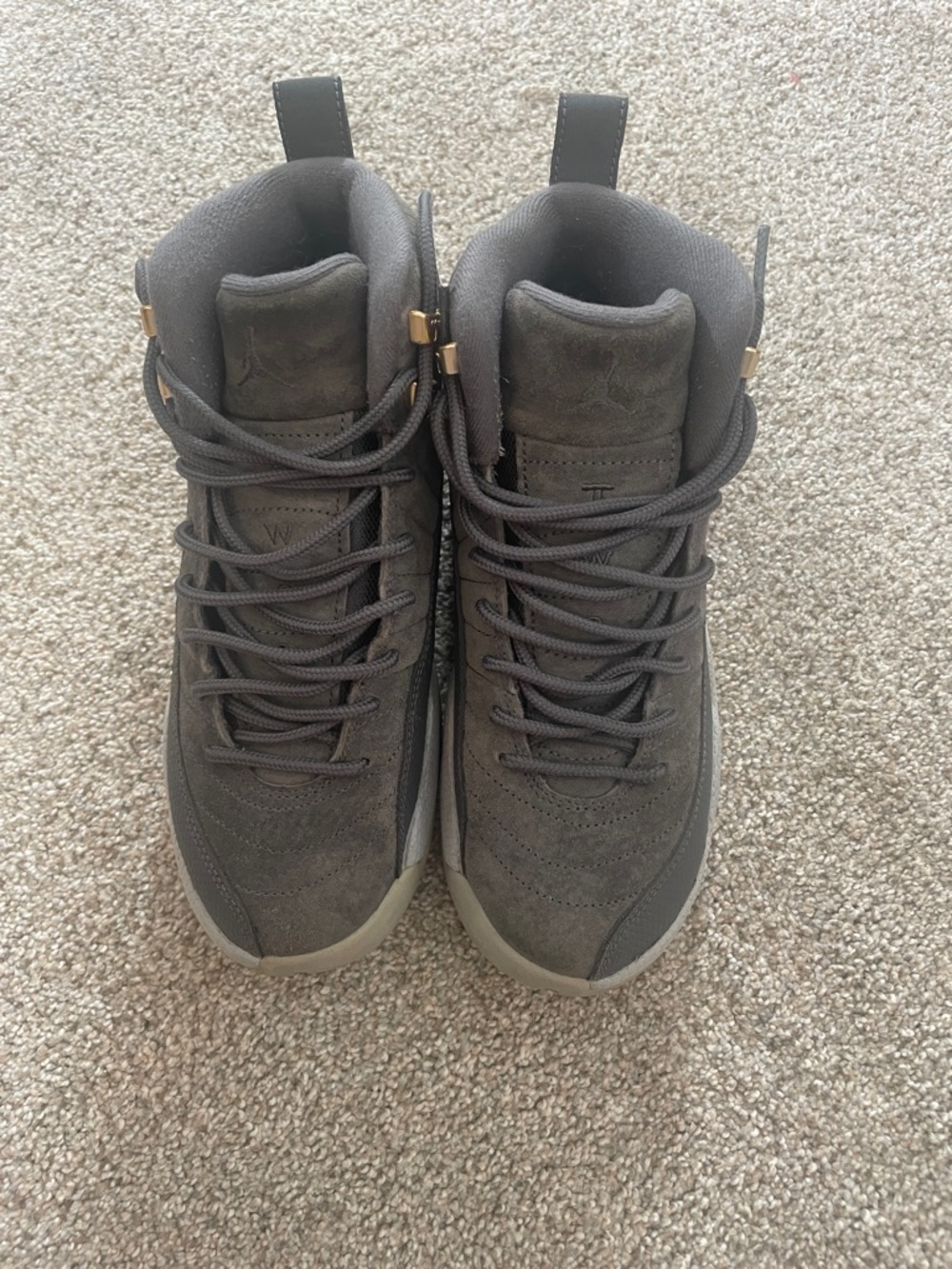 Jordan 12 GS Gray Suede High-Top Sneakers with Gold Accents (NO BOX)